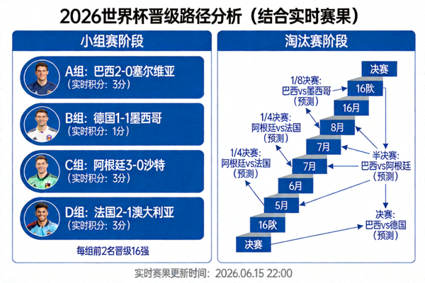 结合实时赛果的2026世界杯晋级路径分析图，展示小组出线形势与淘汰赛对阵